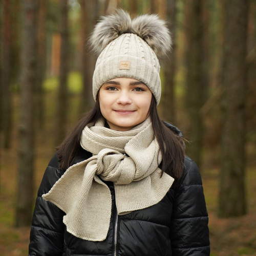 Ensemble d'hiver fille: bonnet et écharpe, rose, avec deux pompons, Zenda