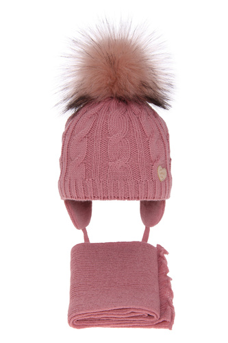 Ensemble d'hiver fille: bonnet et écharpe, rose, avec pompon, Morena