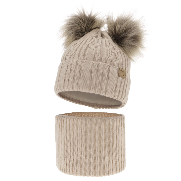 Ensemble d'hiver fille: bonnet et snood, beige, avec deux pompons, Sierra