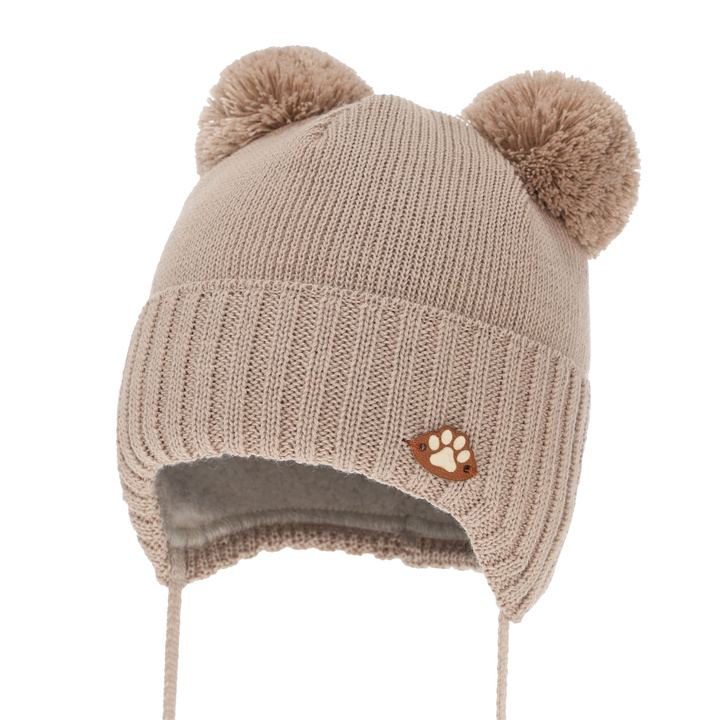 Bonnet d'hiver garçon, avec liens, avec laine mérinos, beige, Rimini