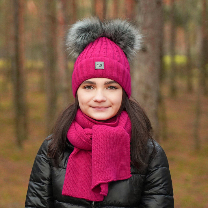 Ensemble d'hiver fille: bonnet et écharpe, rose, avec deux pompons, Zenda
