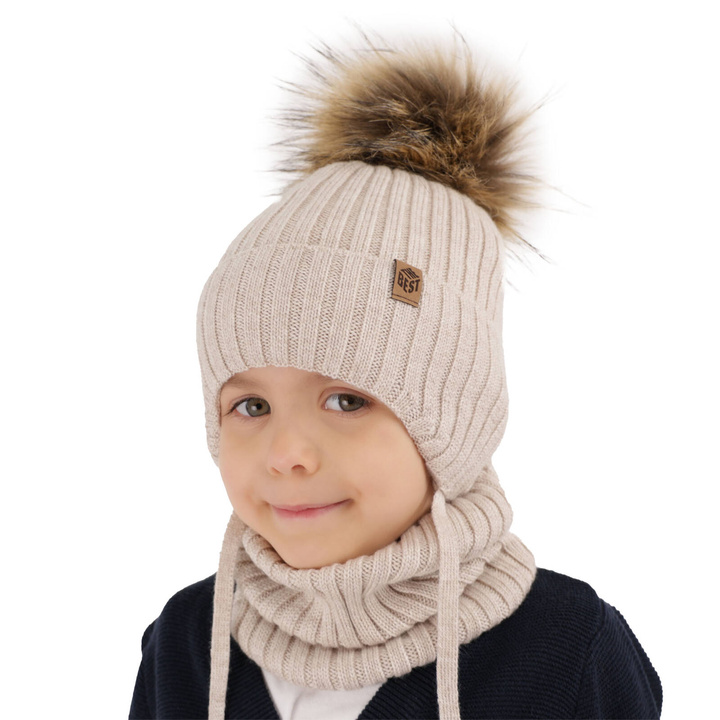 Ensemble d'hiver garçon: bonnet et snood, beige, avec liens, avec laine mérinos, Juno