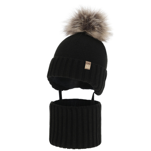 Ensemble d'hiver fille: bonnet et snood, noir, avec pompon, Primula