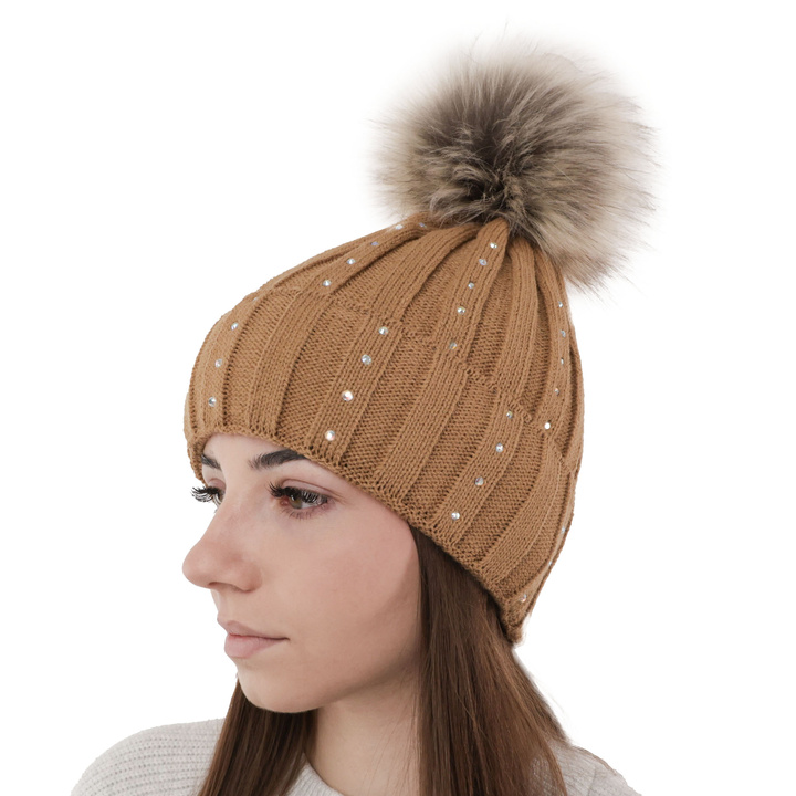 Bonnet d'hiver femme, camel, avec pompon, Mada
