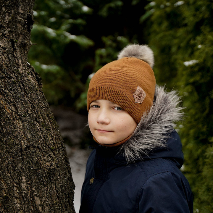 Ensemble d'hiver garçon: bonnet et snood, camel, avec pompon, Apolin