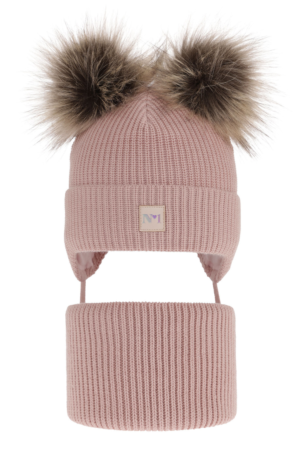 Ensemble d'hiver fille: bonnet et snood, rose, avec deux pompons, avec liens, Kiara