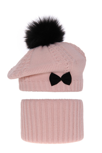 Ensemble d'hiver fille: beret et snood, rose, avec pompon, Amora