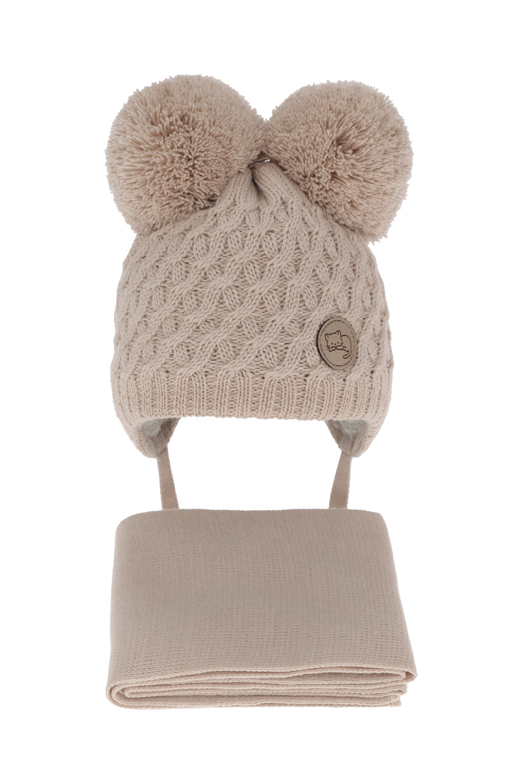 Ensemble d'hiver fille: bonnet et écharpe, beige, avec deux pompons, avec liens, Anava
