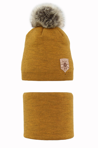 Ensemble d'hiver garçon: bonnet et snood, jaune moutarde, avec pompon, Apolin