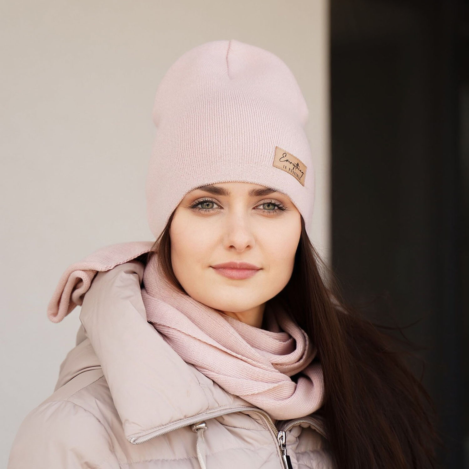 Ensemble automne/printemps femme: bonnet et écharpe, rose, Zula