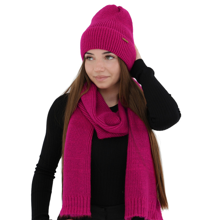 Ensemble d'hiver femme: bonnet et écharpe, amarante, avec laine mérinos, Seala