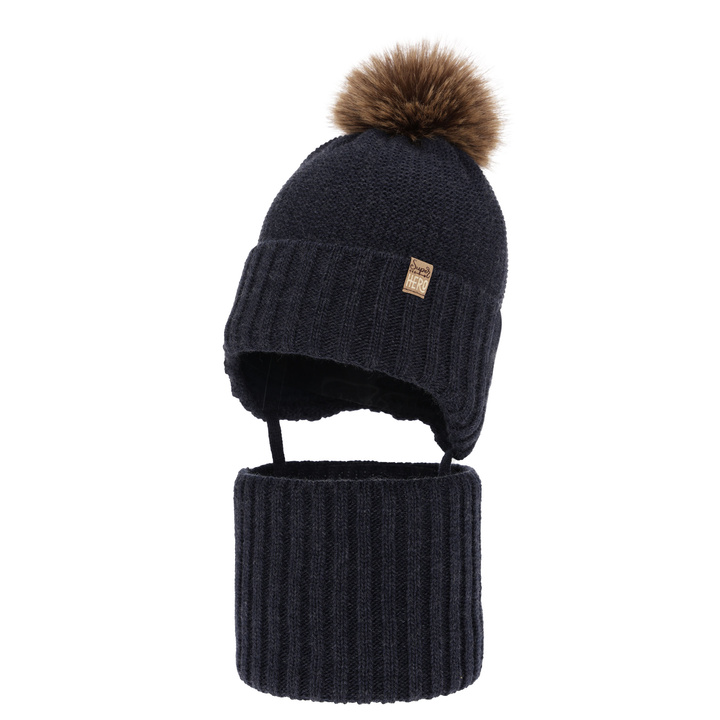 Ensemble d'hiver garçon: bonnet et snood, bleu marine, avec pompon, Kayen