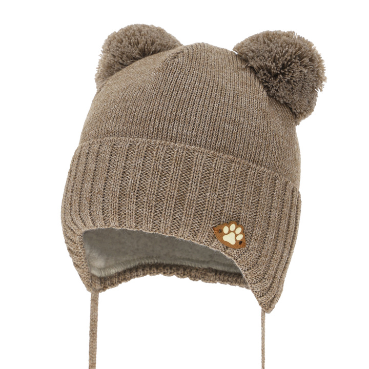 Bonnet d'hiver garçon, avec liens, avec laine mérinos, marron, Rimini