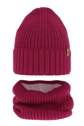 Ensemble d'hiver fille: bonnet et snood, rose, avec laine mérinos, Mesalia