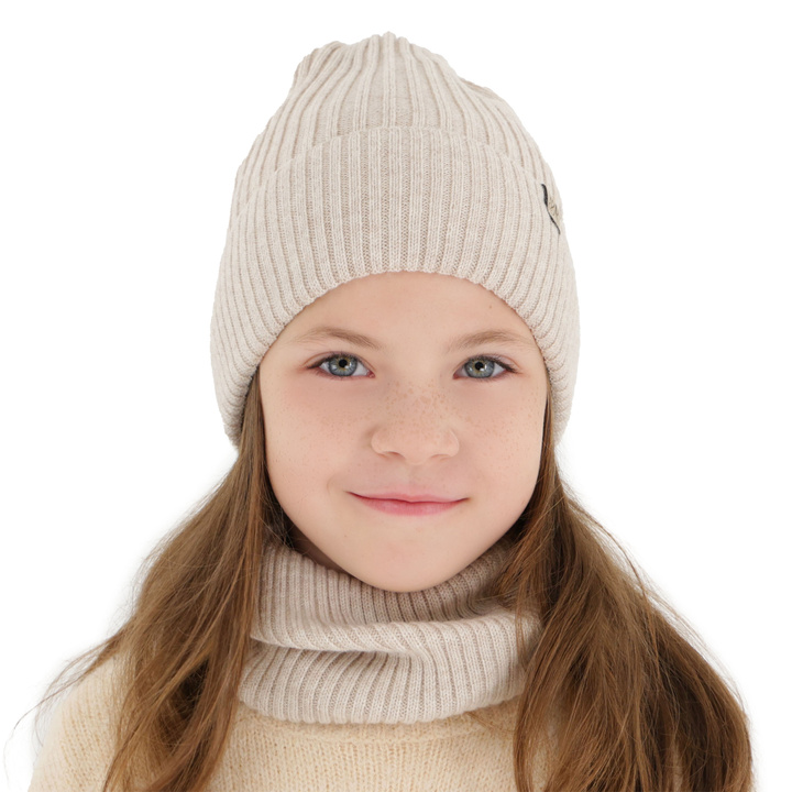 Ensemble d'hiver fille: bonnet et snood, beige, avec laine mérinos, Patricia