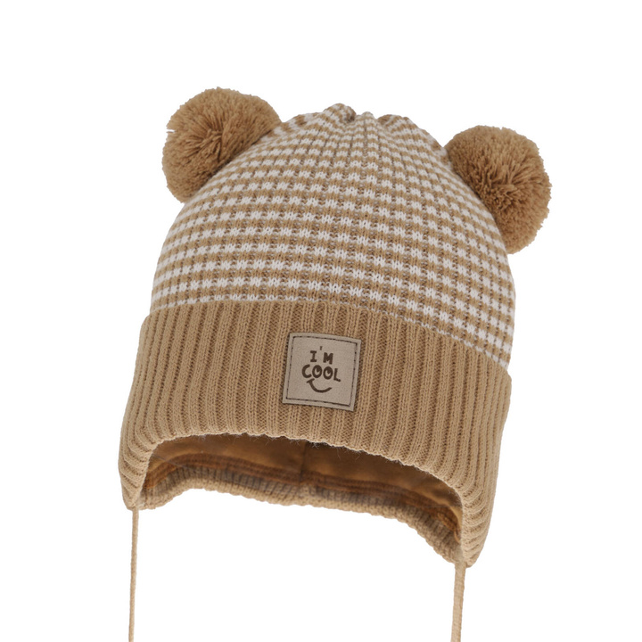 Bonnet automne/printemps garçon, beige, avec deux pompons, avec liens, Laurent