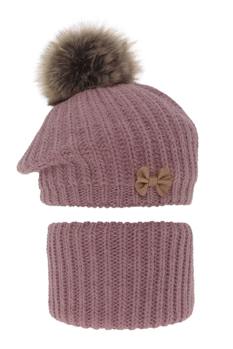 Ensemble d'hiver fille: béret et snood, violet, avec pompon, Polinezja
