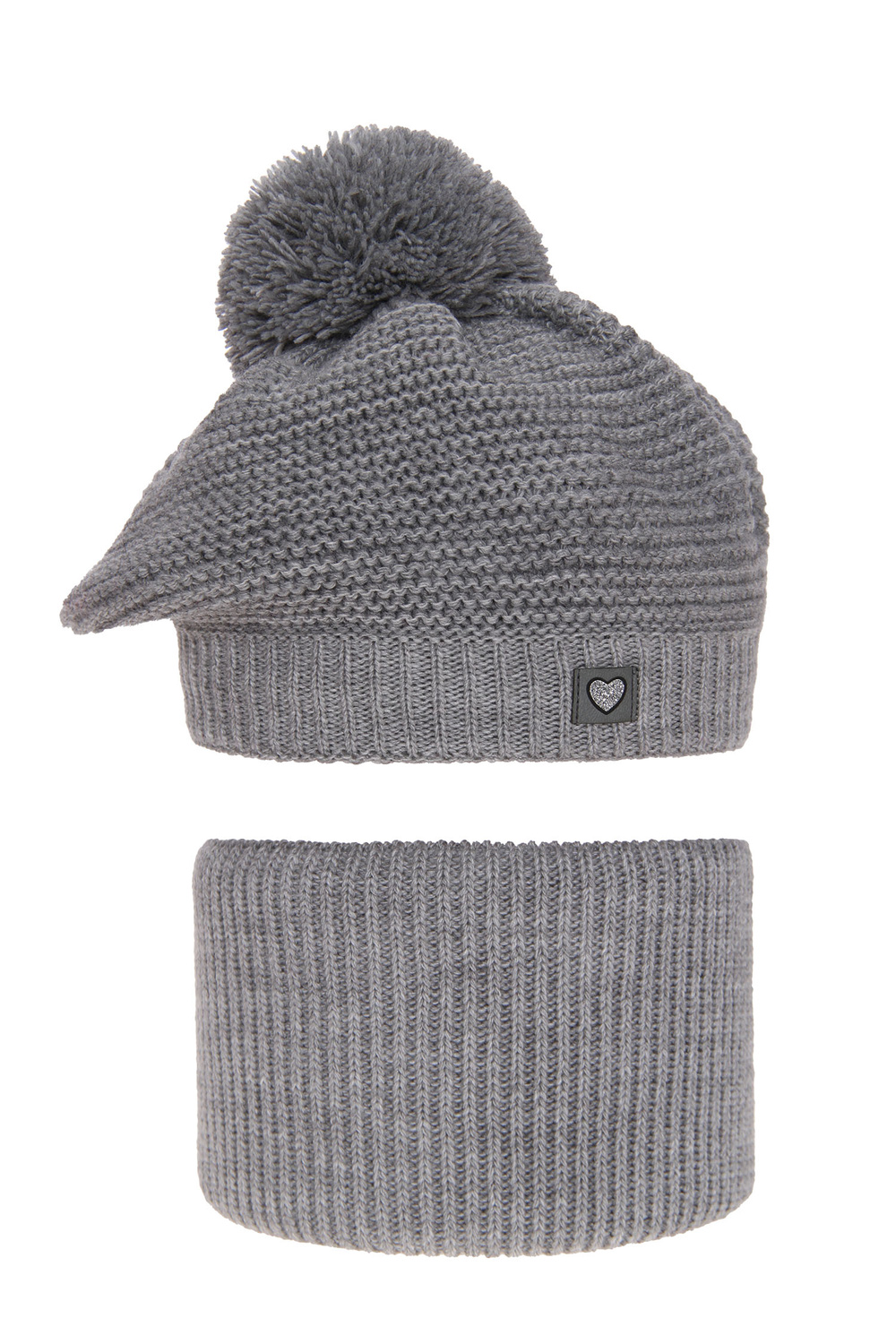 Ensemble d'hiver fille: béret et snood, gris, avec pompon, Lira
