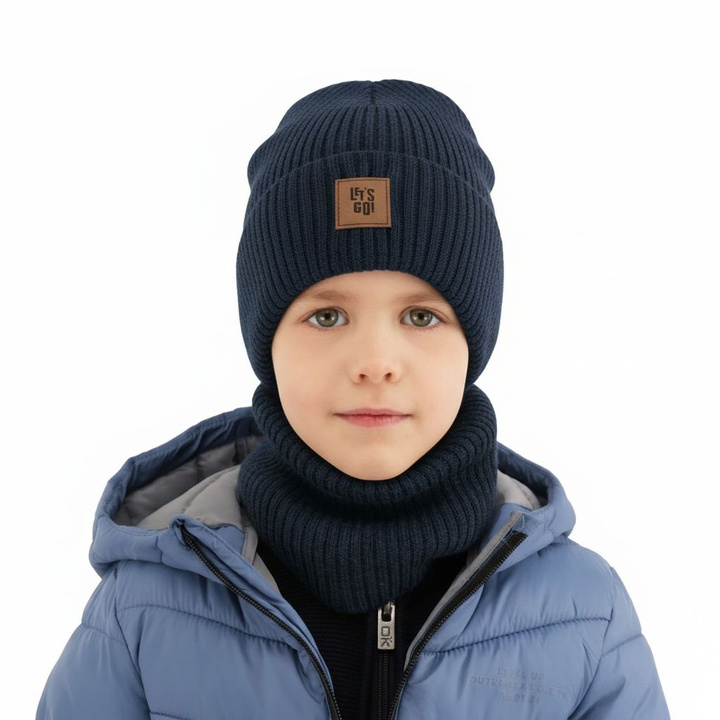 Ensemble automne/printemps garçon: bonnet et snood, 100% laine mérinos, azur Vanto