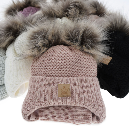 Ensemble d'hiver fille: bonnet et snood, blanc, avec deux pompons, Minsi