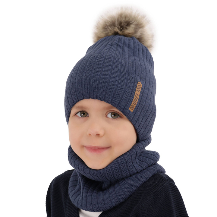 Ensemble d'hiver garçon: bonnet et snood, bleu, avec pompon, doublé de polaire, Kalen