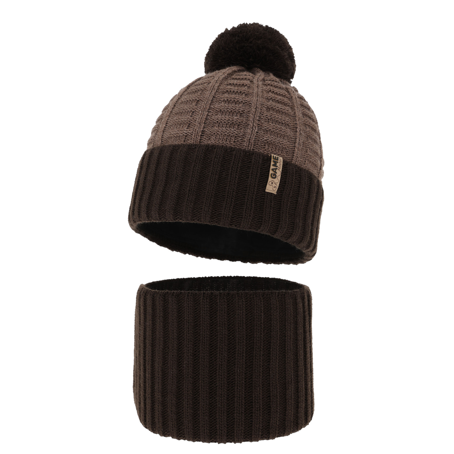 Ensemble d'hiver garçon: bonnet et snood, brun, avec pompon, Leo