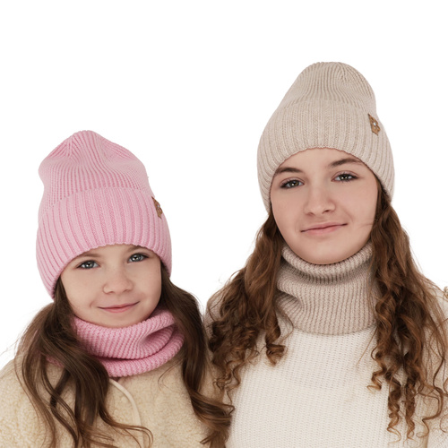 Ensemble d'hiver fille: bonnet et snood, noir, avec laine mérinos, Nelita