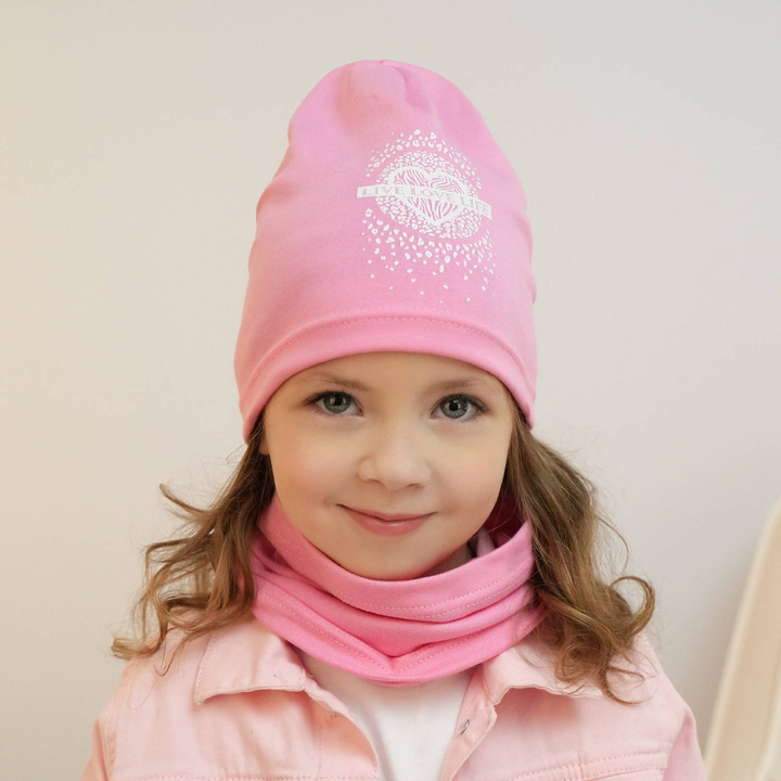 Ensemble automne/printemps fille: bonnet et snood, rose, en coton, Esmeralda