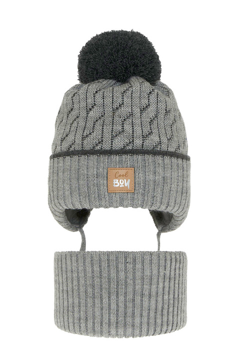 Ensemble d'hiver garçon: bonnet et snood, gris, avec pompon, avec liens, Pikolo
