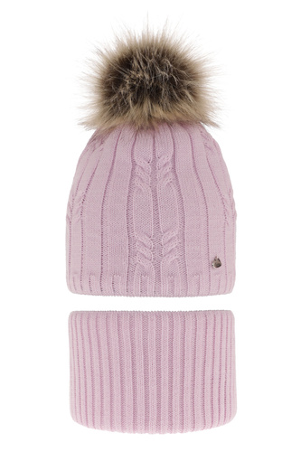 Ensemble d'hiver fille: bonnet et snood, lilas, avec pompon, Amaltea