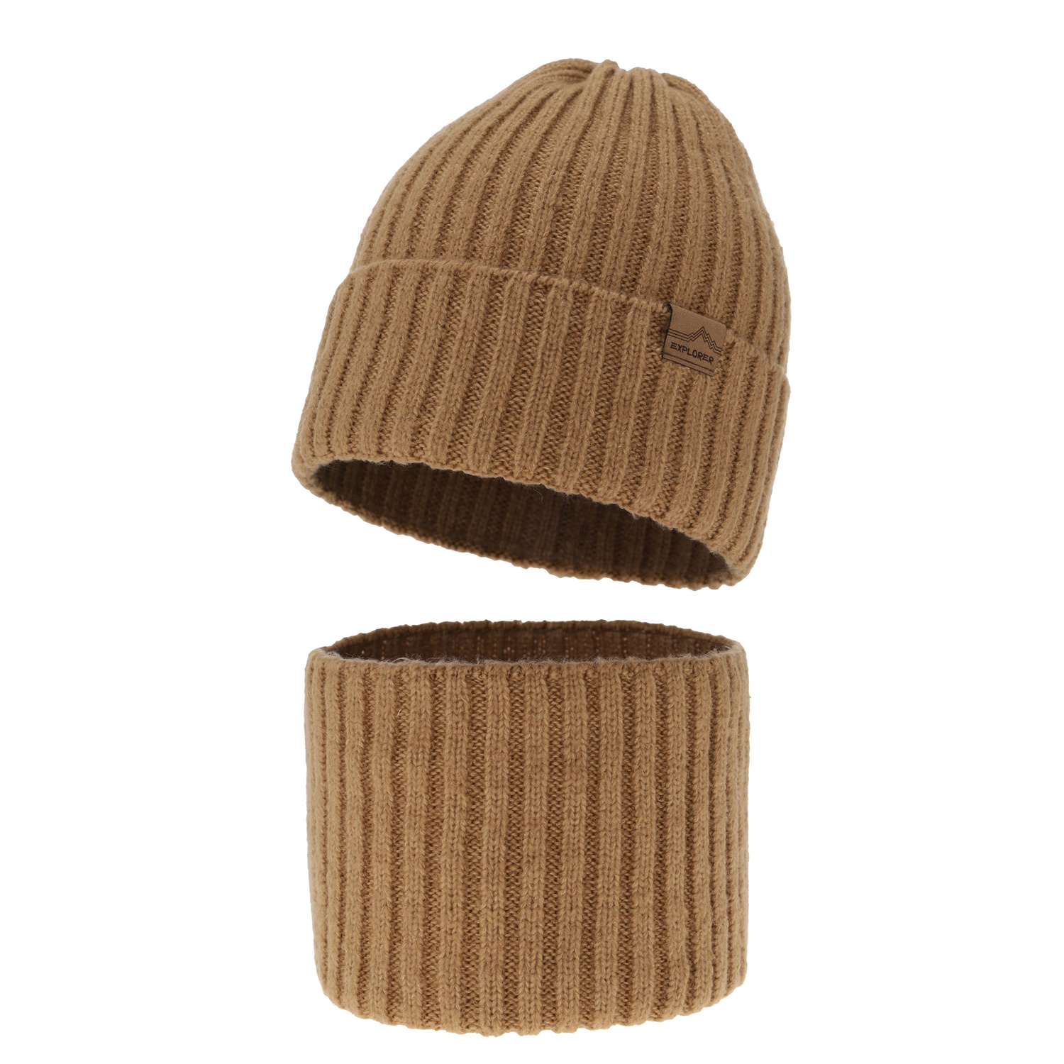 Ensemble d'hiver garçon: bonnet et snood, camel, avec laine mérinos, Karmin