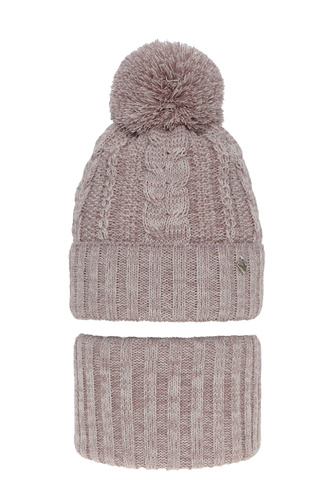 Ensemble d'hiver fille: bonnet et snood, rose, avec pompon, Maroko