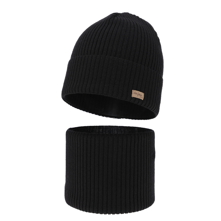 Ensemble automne/printemps garçon: bonnet et snood, 100% laine mérinos, noir, Intro