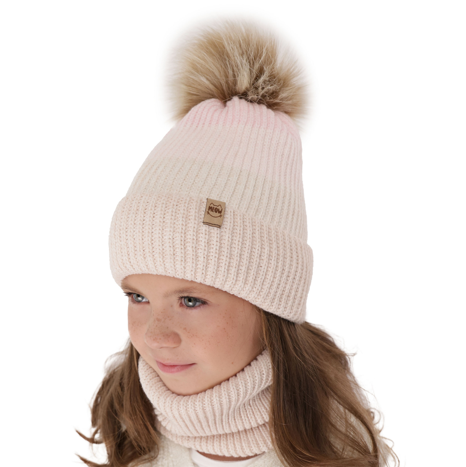 Ensemble d'hiver fille: bonnet et snood, rose, avec pompon, Gimena