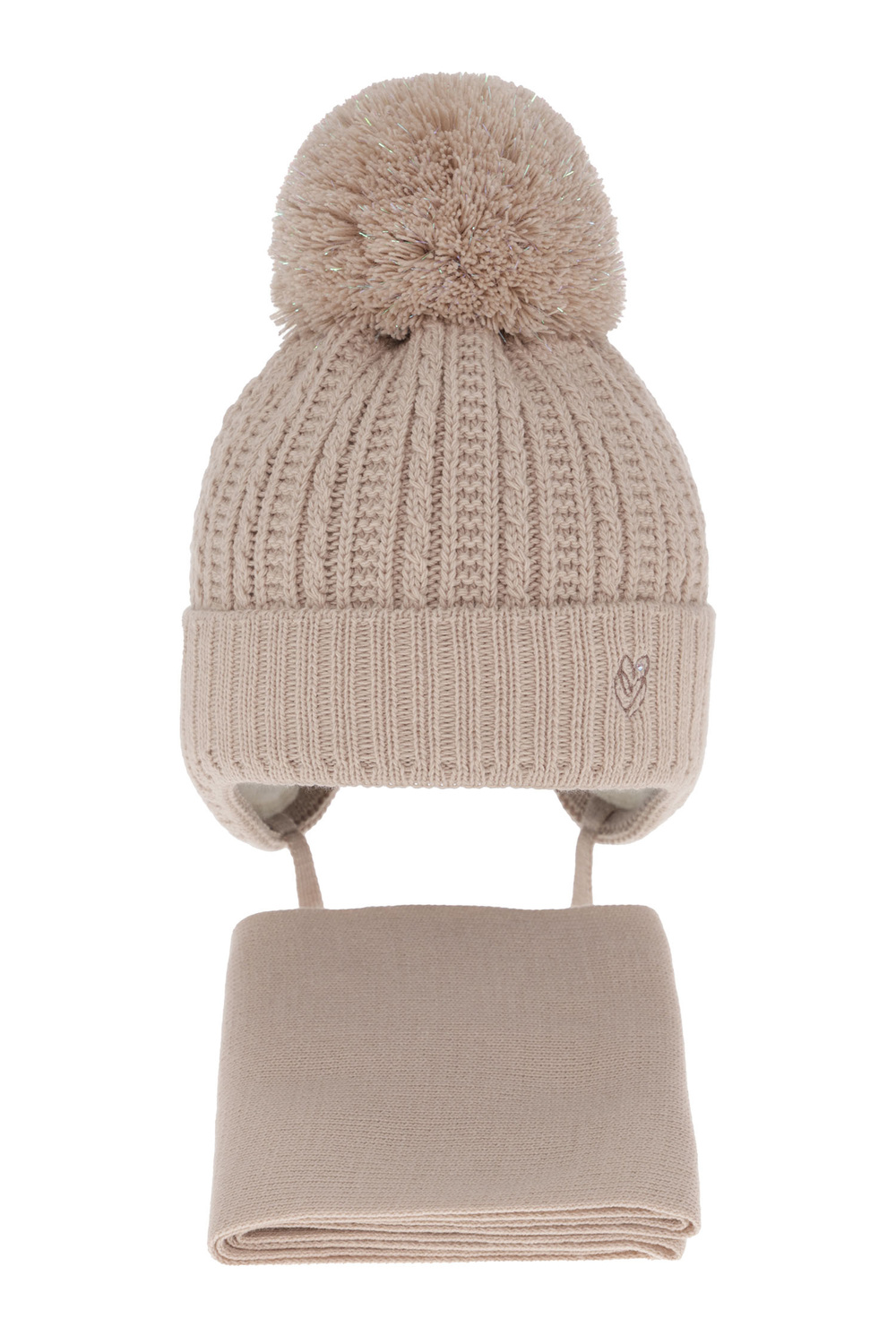 Ensemble d'hiver fille: bonnet et écharpe, beige, avec pompon, avec liens, Marisa