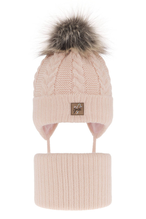 Ensemble d'hiver fille: bonnet et snood, rose clair, avec pompon, wiązany, Finess