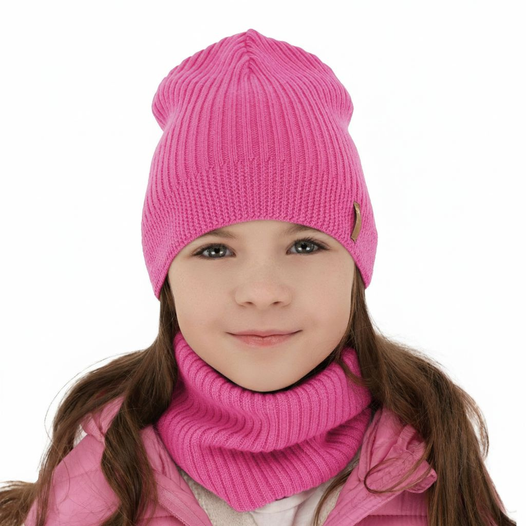 Ensemble automne/printemps fille: bonnet et snood, rose, avec laine mérinos, Chelsie