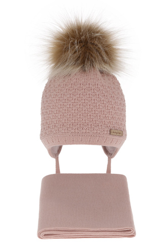 Ensemble d'hiver fille: bonnet et écharpe, rose, avec liens, avec pompon, Clotilde