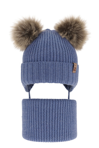 Ensemble d'hiver garçon: bonnet et snood, bleu, avec laine mérinos, avec liens, Konor