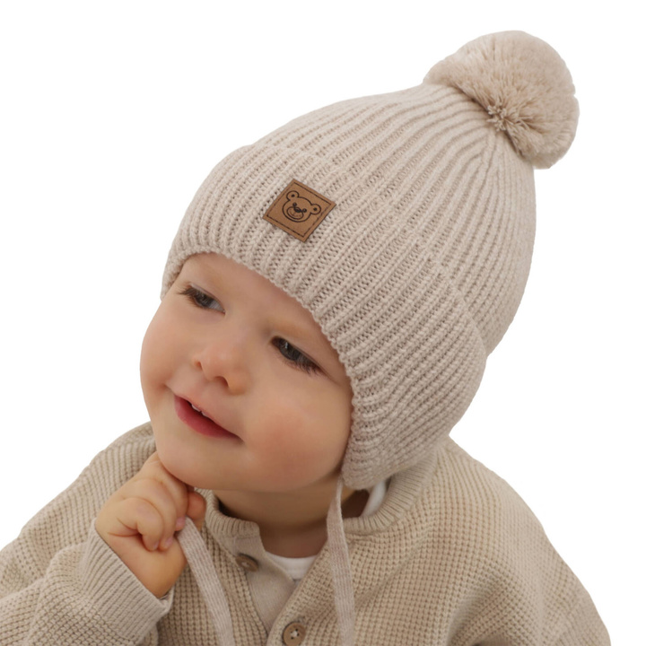Bonnet d'hiver garçon, beige, avec laine mérinos, doublé de coton, avec liens, Tofik
