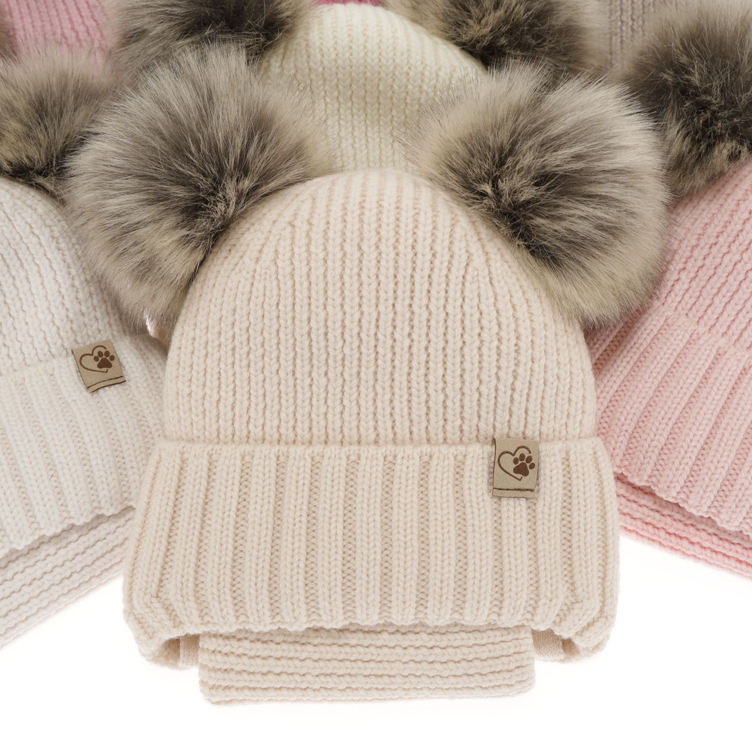 Ensemble d'hiver fille: bonnet et snood, rose, avec deux pompons, 100% Laine Mérinos, Silvia