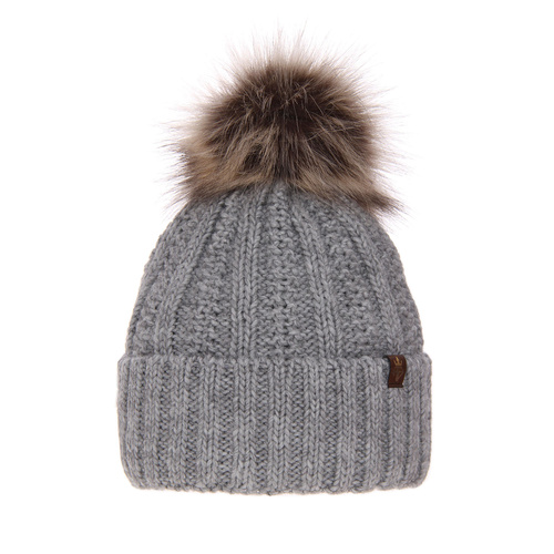 Bonnet d'hiver femme, gris, avec pompon, Rene