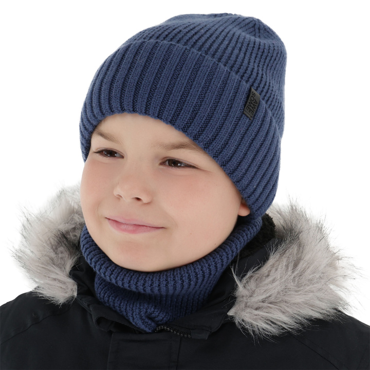 Bonnet et snood garçon, ensemble d'hiver, 100% Laine Mérinos, doublé de laine mérinos, bleu Harbin