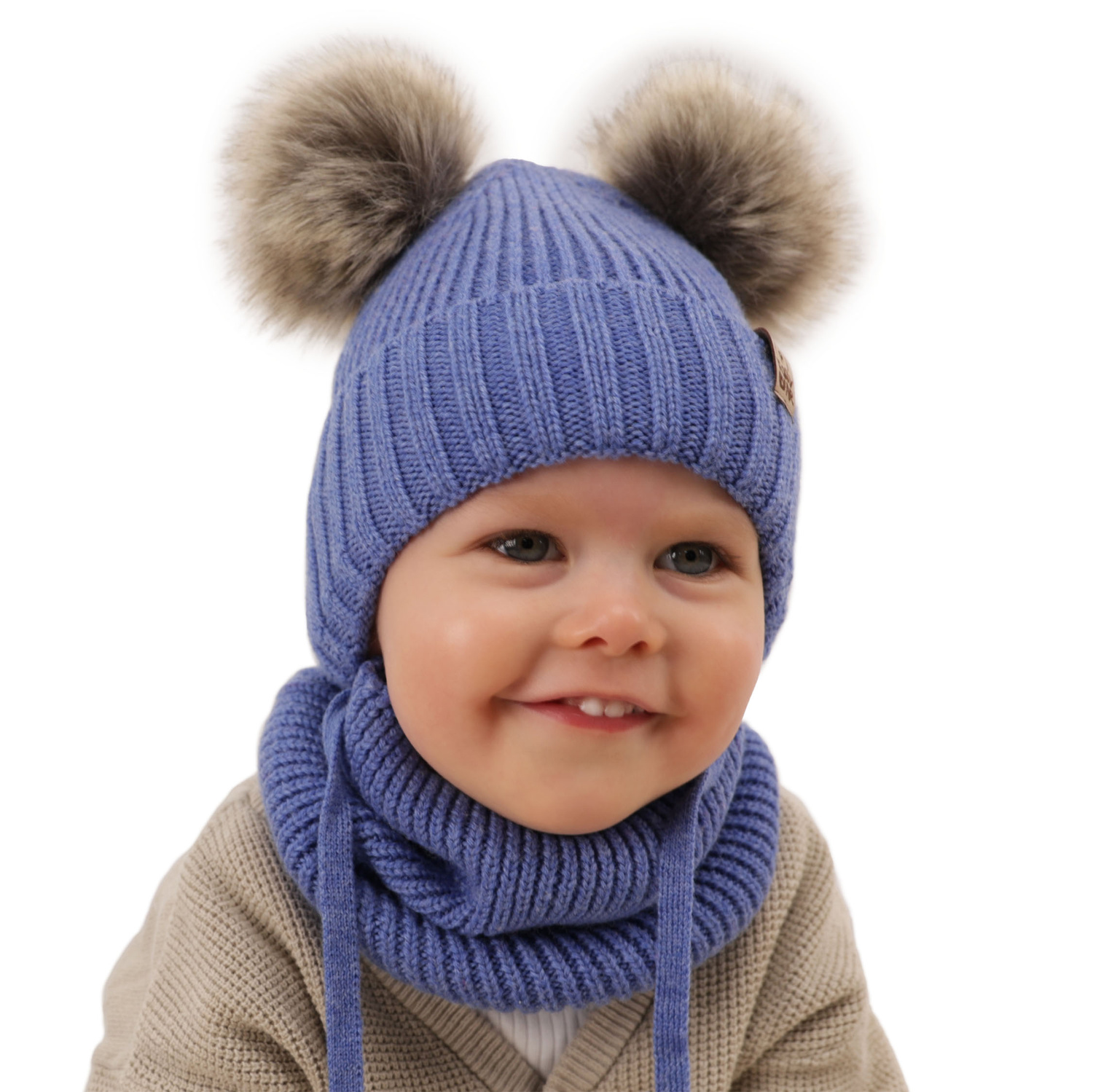 Ensemble d'hiver garçon: bonnet et snood, gris, avec liens, 100% Laine Mérinos Extrafine, Konor