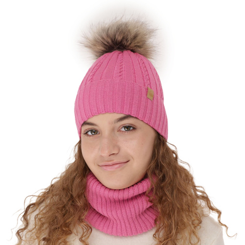 Ensemble d'hiver fille: bonnet et snood, noir, avec laine mérinos, Mirabel