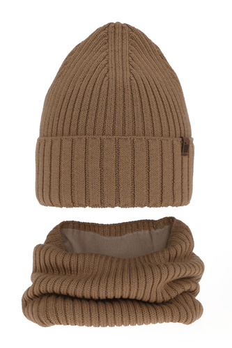 Ensemble d'hiver garçon: bonnet et snood, camel, avec laine mérinos, doublé de polaire, Metis
