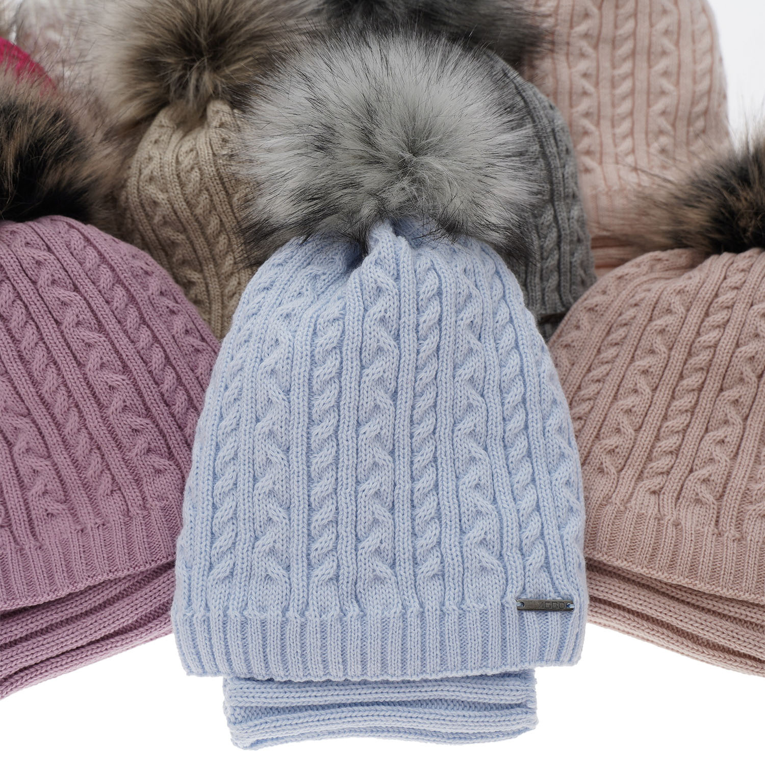 Ensemble d'hiver fille: bonnet et snood, blanc, avec pompon, Rima