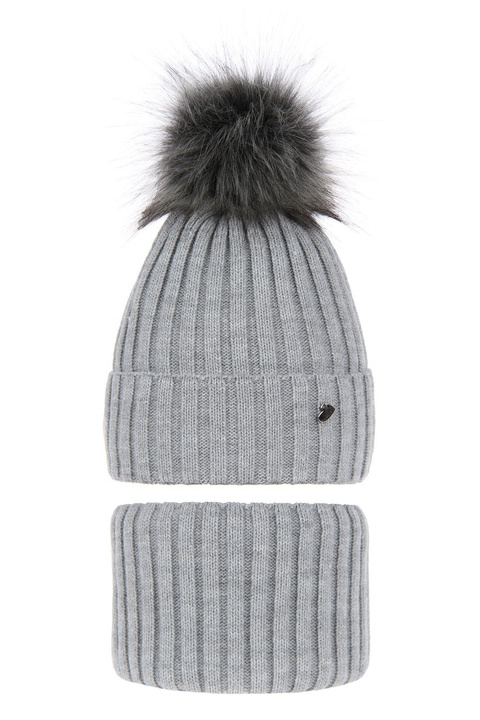 Ensemble d'hiver fille: bonnet et snood, gris, avec pompon, Wilma