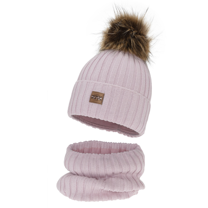 Ensemble d'hiver fille: bonnet et snood, liliowy, doublé de polaire, avec laine mérinos, Bellina