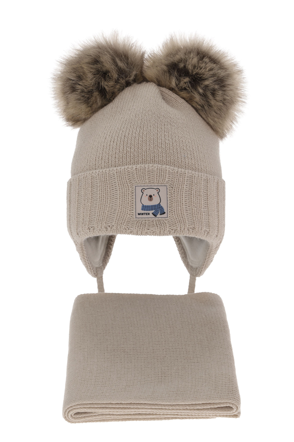 Ensemble d'hiver garçon: bonnet et écharpe, beige, avec deux pompons, Jewel